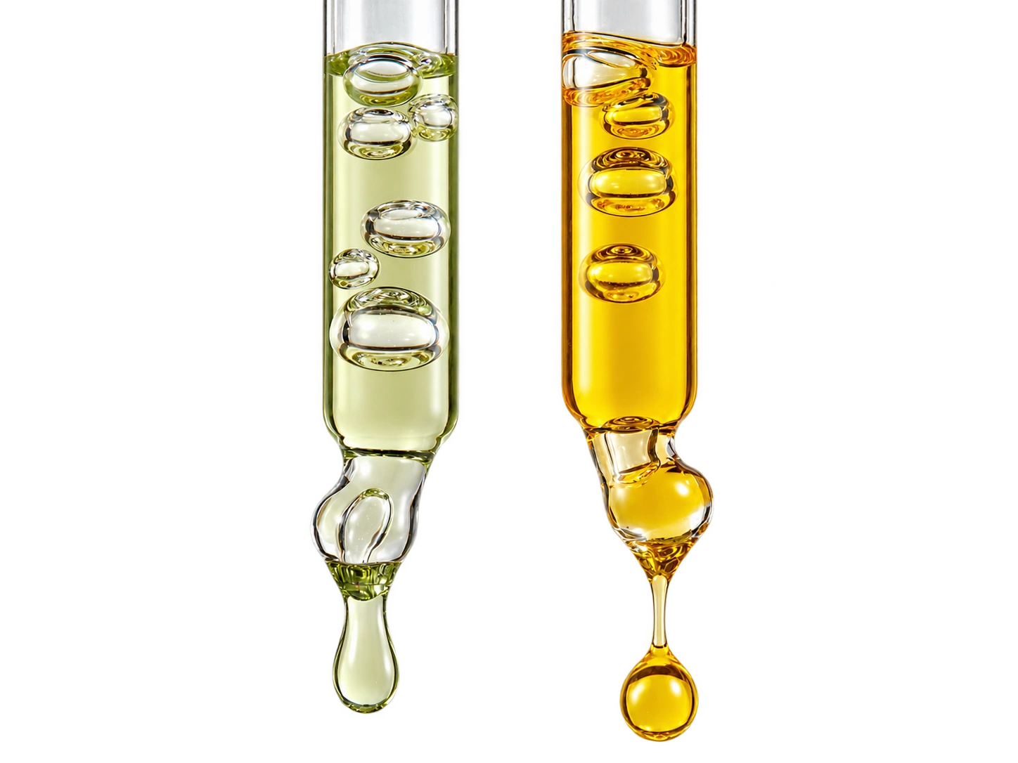 Glass pipettes with pale green and golden liquid on a transparent background