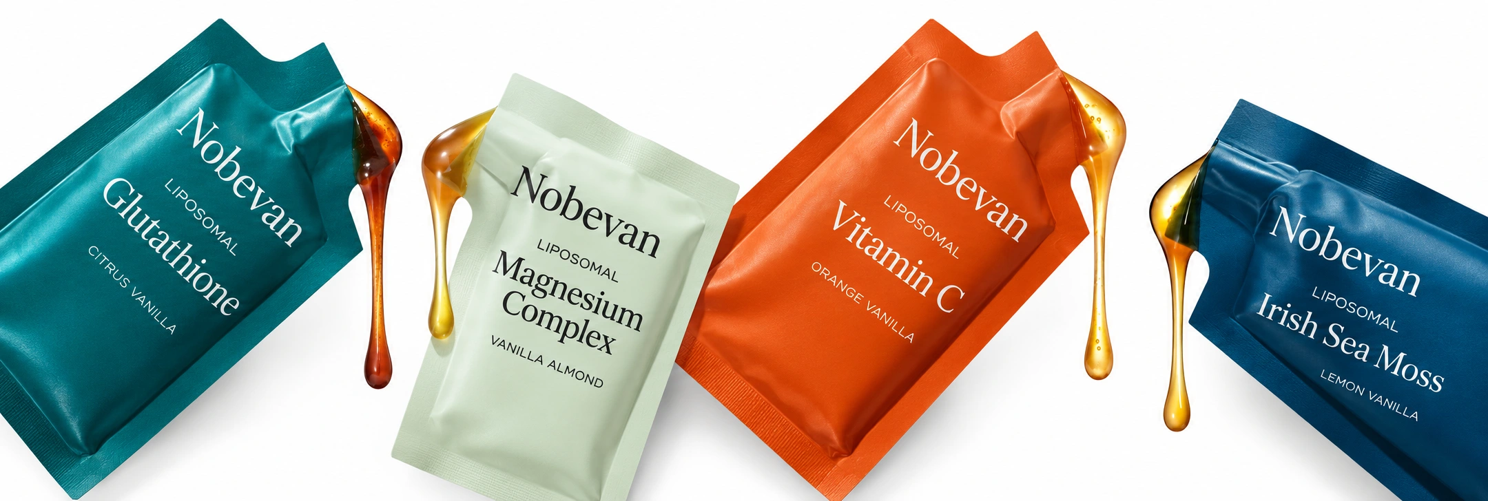 Four colorful Nobevan gel sachets on a white background