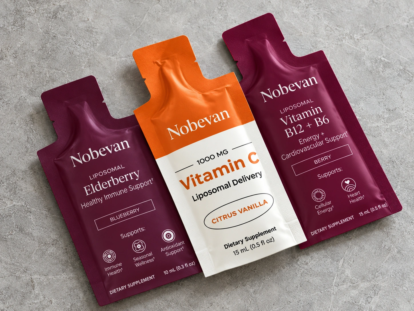Nobevan gel sachets in a clean product photography setting
