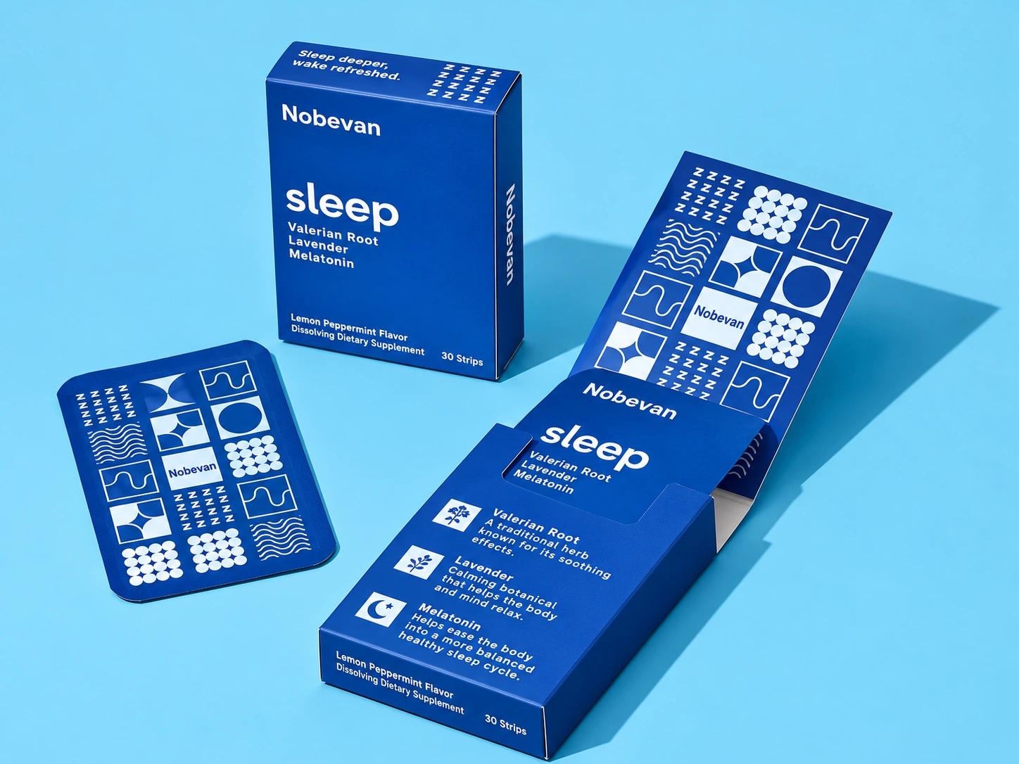 Nobevan sleep oral strips in a clean product photography setting