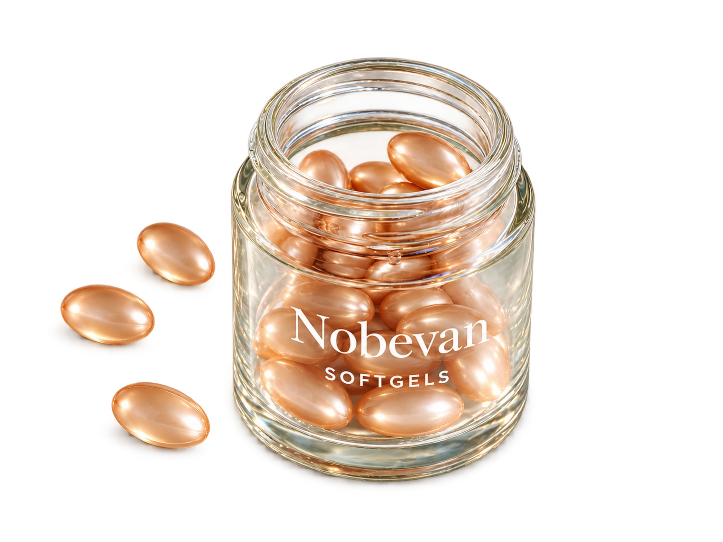 Clear Nobevan glass jar with pearly pink softgels on a transparent background